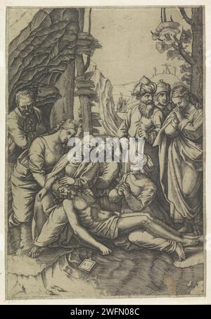 Bewening, Agostino Veneziano, dopo Marcantonio Raimondi, dopo Rafaël, 1500 - 1536 ca. Stampa il corpo di Cristo è stanco per Maria e altri seguaci. Golgotha con le tre croci sullo sfondo. Giornale italiano. Incisione a inchiostro / lamentazione della penna sul Cristo morto da parte dei suoi parenti e amici (Cristo di solito senza corona di spine) Foto Stock