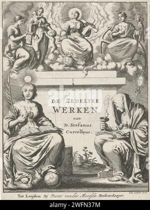 La divinità circondata dalle tre virtù divine, Jan Luyken, 1674 stampa sopra un piedistallo, la divinità personale, circondata dalle personificazioni di speranza, amore e fede (le tre virtù divine), è circondata dalla divinità personale. In primo piano c'è la mente a destra e la verità a sinistra. Tipografia: Amsterdampublisher: Leiden cartaceo/tipografia stampa le tre virtù teologiche. Intelletto, intelligenza; "intelletto", "intelligenza" (Ripa). Verità; 'VeritÃ' (Ripa) Foto Stock