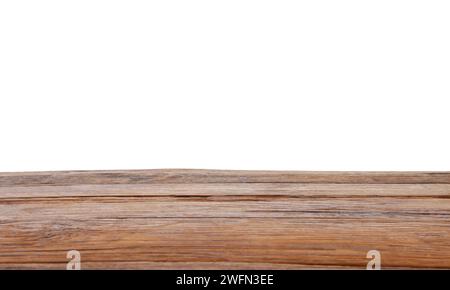Tavolo vuoto in legno marrone isolato su bianco Foto Stock