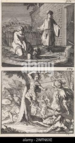 Jonatan e Achimaäs sono nascosti in un pozzo / morte di Absalon, Caspar Luyken, 1698 stampa due esibizioni di una lastra. Numerato in alto a destra: 371 e 374. L'incisione di carta di Amsterdam inseguita dai soldati di Absalom Ahimaaz e Jonathan si nascondono in una fossa in una casa a Baharim; una donna diffonde una copertura con mais sopra la fossa. Joab pugnala Absalom con tre lance Foto Stock