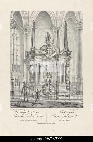 Graftombe di Guglielmo i, Principe d'Orange, 1623, Johannes Jelgerhuis, 1796 - 1850 stampa Graftombe o Praalgraf da Willem i nel Nieuwe Kerk a Delft, completata nel 1623. Visto dalla parte anteriore con l'immagine del principe seduto. Con i visitatori intorno alla recinzione. Nel margine inferiore due colonne con tre righe di olandese e tre righe di testo francese. Tipografia: Olanda settentrionale Sprinter: Low Countriespublisher: Costruzione di tombe in carta Delft, tomba monumentale. interno della chiesa. Persone storiche nuova chiesa. Delft Foto Stock