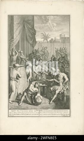 Jozua ed Eleazar distribuiscono la terra promessa, Joseph Mulder, dopo Gerard Hoet (i), stampa 1720 - 1728 oltre alla tenda d'incontro, i rappresentanti di sette diverse tribù d'Israele si incontrano con Giosuè e il sacerdote Eleazar. Due uomini mostrano una mappa della terra promessa e un uomo bendato ne tira un sacco da un vaso per assegnare le aree alle tribù. Joshua guarda, con uno scettro in mano. Eleazar consegna i biglietti della lotteria ai delegati. In fondo al margine un riferimento al testo della Bibbia e al titolo in ebraico, inglese, tedesco, latino, francese e olandese. Incisione su carta Amsterdam/ecc. Foto Stock