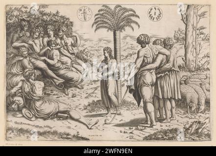 Jozef racconta ai suoi fratelli dei suoi sogni, Anonymous, dopo Rafaël, 1493 - 1570 stampa Joseph è in piedi al centro accanto a una palma. Sinistra e destra sono undici fratelli e un paesaggio sullo sfondo. L'incisione di carta italiana Giuseppe incoraggia l'odio dei suoi fratelli (Genesi 37:1-11). vista sulla città e paesaggio con costruzioni artificiali Foto Stock