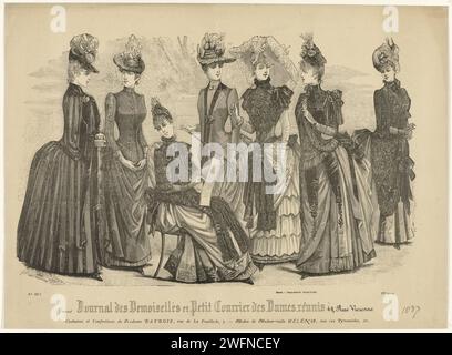 Journal of the Demoiselles and Little Courier des Dames riuniti, 1 agosto 1887, No. 4671: Costumes and Concetions (...), Anonymous, 1887 sette donne in costumi diversi da Madame Raybois. Modemoiselle Héléna Mademoiselle. Stampa dalla rivista di moda Journal des Demoiselles (et Petit Courrier des Dames Réunis) (1833-1922). Targhe di carta alla moda di Parigi. ombrellone, ombrellone (+ abiti da donna). copricapo: cappello (+ abiti da donna). gonna (+ abiti da donna). abito, abito: abito da passeggio (+ abiti da donna). cappotto (+ abiti da donna) Foto Stock