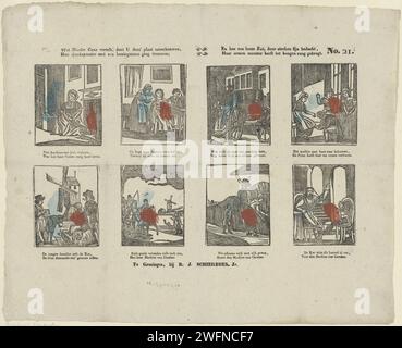 What Mother Days All You Do Deez 'album, / How ASSCHOETTER ha iniziato a sposare il figlio di un re; / e come un gatto insanguinato, attraverso le regioni, multato, / le sue braccia hanno imparato ad alto rango, Rudolph Jacob Schierbeek, 1832 - 1850 stampa Leaf con 8 spettacoli. Le quattro immagini principali mostrano la storia di Cenerentola. Le quattro esibizioni inferiori mostrano la fiaba del gatto bottino. Sotto ogni immagine un verso bidirezionale. Numerato in alto a destra: N. 21. Groningen Publisher: Rotterdam, stampa di storie e fiabe su carta. Racconti e fiabe (con TITOLO). Racconti e fiabe: Il gatto con gli stivali Foto Stock