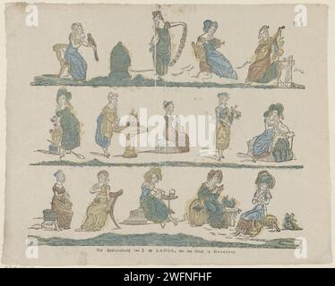 Figure femminili e attività, c. 1822 - 1849 stampa Foglia con 3 file con spettacoli di attività per donne, come danza, lettura e fare musica. Numerato in alto a destra: N. 8. Editore: Deventerprint Maker: Musicista olandese di stampa letterpress cartacea al lavoro. lettura. ballare Foto Stock