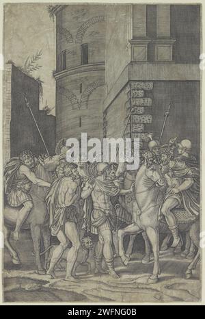 Adrian Ontmoet Androclus, Agostino Veneziano, dopo Rafaël, 1500 - 1536 ca. Stampa l'imperatore romano Adriano, a cavallo, incontra Andruco che viene lasciato in mezzo ai soldati romani. Oltre ad Androuclus De Leeuw dalla cui gamba ha rimosso una spina. L'incisione italiana di carta Androclus, quando lanciata ai leoni nell'arena, non viene ferita, perché è riconosciuto dal leone, la cui zampa aveva curato (Androclus viene successivamente perdonato dall'imperatore Adriano) Foto Stock