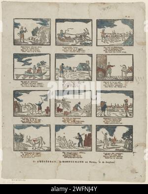 Figure, professioni e attività, 1822 - 1849 fogli stampati con 4 spettacoli di figure, professioni e attività diverse. Un verso di quattro righe sotto ogni spettacolo. Numerato in alto a destra: N. 53. Tipografia: NetherlandsAmsterdampublisher: Deventer paper letterpress Printing Human types. contadini. commerciante di strada. artigianato  manutenzione e riparazione Foto Stock