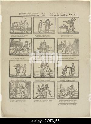 Kraaiwinkel era una bella città, / dove ogni mente e giudizio avevano. / E come è andata lì, / questa stampa mostra chiaramente, Erve Wijsmuller, 1832 - 1850 fogli stampati con 12 esibizioni di figure diverse, tra cui soldati, un criminale e una giovane donna e il suo amante. Sotto ogni immagine un verso bidirezionale. Numerato in alto a destra: N. 41. Amsterdampublisher: Rotterdam tipografia cartacea che stampa il soldato; la vita del soldato. criminali. un paio di amanti Foto Stock
