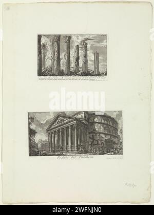 Colonne del tempio di Juturna e del Pantheon a Roma, Giovanni Battista Piranesi, c. 1756 - c. 1757 stampa foglia con due rappresentazioni di edifici romani. Sopra: Sette colonne corinzie, secondo i resti della didascalia del Tempio di Juturna. A destra un'ottava colonna senza capitale. Numerato in alto a sinistra: XIIII. Numerato in alto a destra: Fig. IO Titolo ed elenco esplicativo nel margine finale. Di seguito: Vista del Pantheon. Numerato in alto a destra: Fig. II. Titolo nel margine finale. Roma carta incisione ordine corinzio  architettura. tempio, santuario  Pantheon di religione romana. TEMP Foto Stock