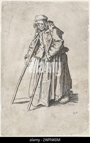 Bedelares con stampelle, anonimo, dopo Jacques Callot, 1622 - 1670 stampa donna, vestita di stracci, vista a sinistra, camminando con l'aiuto di due stampelle. Questa stampa fa parte di una serie di 25 (?) Stampe con mendicanti e vagabondi, come Callot che probabilmente ha visto in Italia. Francia (forse) carta incisione mendicante. stampelle Foto Stock