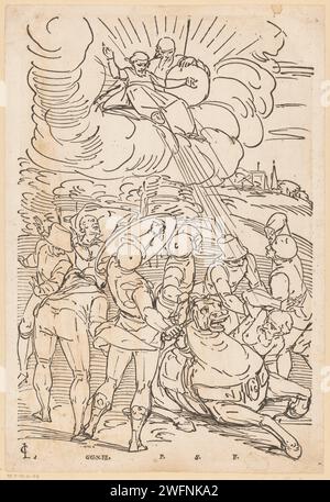 Conversione di Paolo, monomarca GGN, dopo Luca Cambiaso, 1599 - 1627 stampa Paolo cadde da cavallo ed è accecato dall'apparizione di Cristo nel cielo. Articolo italiano sulla strada per Damasco Cristo appare a Saul, che cade dal suo cavallo ed è accecato dalla luce Foto Stock