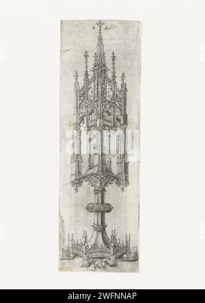 Gothic Monstrans, Israhel van Meckenem, dopo Master W con la chiave, 1455 - 1503 stampa Montrans con ricche decorazioni gotiche. Bocholt (Germania) carta incisione ostensorium, monstrance Foto Stock