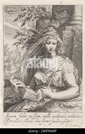 Geloof (Fides), anonimo, dopo Jacob Matham, dopo Hendrick Goltzius, 1601 - 1652 stampa Una figura femminile con un crocifisso e una Bibbia in un paesaggio come personificazione della fede (fides). Amsterdam paper Engraving Faith, 'Faith'; 'Fed',' Faith Catholic',' Fed Christian',' Fed Christian Catholic Church' (Ripa)  una delle tre virtù teologiche Foto Stock