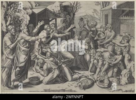 Collezionando la Manna, Agostino Veneziano, dopo Rafaël, 1500 - 1536 ca. Stampa gli Israeliti catturano e raccolgono la manna che cade dal cielo. A sinistra c'è Moses. Tipografia: ItalyaFter disegno di: Città del Vaticano carta incisione al mattino la manna cade sulla terra  Esodo Foto Stock