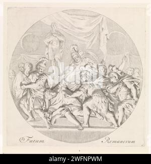 Mord to Giulio Cesare, Johannes Glabober, dopo Siratuer the Landor Council, 1686 stampa Round show. L'omicidio di Giulio Cesare da parte di Bruto e di altri senatori, sullo sfondo la statua di Pompeo. La stampa è verso un bassorilievo perduto di Gerard de Lairesse e fa parte di una serie in quattro parti con il soggetto del mondo ricco di antichità classica. Tipografia: Unknownafter disegno di: Amsterdamafter dipinto di: Amsterdampublisher: Amsterdam paper etching Death of Caesar, cioè l'omicidio di Cesare: Viene ucciso al Senato ai piedi della statua di Pompeo, esclamando 'et tu Brute' Foto Stock