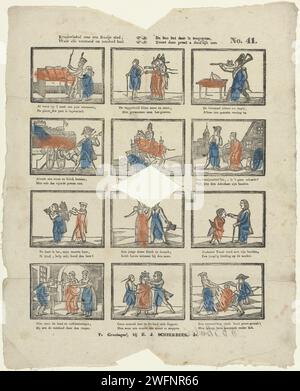 Kraaiwinkel era una bella città, / dove ogni mente e giudizio avevano. / E come è andata lì, / questa stampa vi mostra chiaramente, Rudolph Jacob Schierbeek, 1832 - 1850 fogli stampati con 12 rappresentazioni di figure diverse, tra cui soldati, un criminale e una giovane signora e il suo amante. Sotto ogni immagine un verso bidirezionale. Numerato in alto a destra: N. 41. Groningen Publisher: Rotterdam carta tipografica stampa il soldato; la vita del soldato. criminali. un paio di amanti Foto Stock