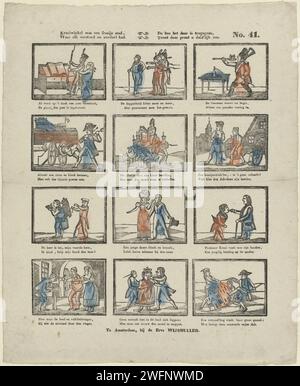 Kraaiwinkel era una bella città, / dove ogni mente e giudizio avevano. / E come è andata lì, / questa stampa mostra chiaramente, Erve Wijsmuller, 1832 - 1850 fogli stampati con 12 esibizioni di figure diverse, tra cui soldati, un criminale e una giovane donna e il suo amante. Sotto ogni immagine un verso bidirezionale. Numerato in alto a destra: N. 41. Amsterdampublisher: Rotterdam tipografia cartacea che stampa il soldato; la vita del soldato. criminali. un paio di amanti Foto Stock