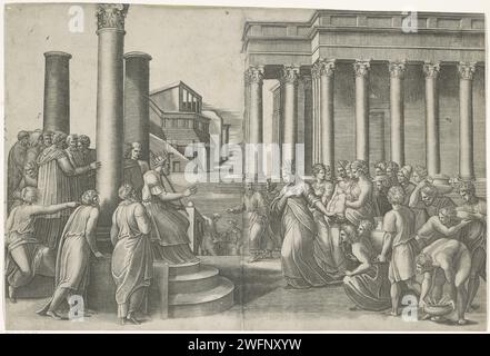 Salomone e la Regina di Seba, Marcantonio Raimondi, dopo Rafaël, 1490 - 1527 stampa la Regina di Seba si trova con i suoi compagni femminili per re Salomone e le sue conseguenze degli uomini. Sullo sfondo il tempio di Solomo. Italia incisione di carta Salomone e la regina di Saba (1 Re 10:1-3; 2 Cronache 9:1-9) Foto Stock