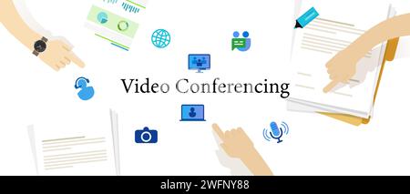 distanza virtuale di comunicazione in videoconferenza con connessione internet per computer o laptop Illustrazione Vettoriale