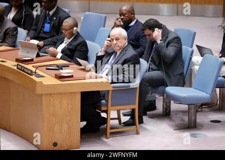 Nazioni Unite, New York, USA, 31 gennaio 2024 - Riyad Mansour, Permanent Observer of the State of Palestine to the United NationsDuring the Security Council meets on Situation in Middle East, including Palestinian Question Today at the United Nations Headquarters in New York City. Foto: Luiz Rampelotto/EuropaNewswire solo per uso editoriale. Non per USO commerciale! Foto Stock