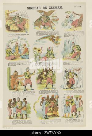 Sinbad de Zeeman, 1894 - 1959 stampa Leaf con 12 spettacoli dalla storia di Sinbad de Zeeman (storia da mille e una notte). Una didascalia sotto ogni immagine. Numerato in alto a destra: N. 124. Fiabe e fiabe per la stampa su carta da lettera Foto Stock