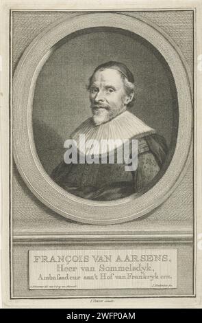 Ritratto di Francois van Aerssen, Jacob Houbraken, dopo Aert Schouman, dopo Michiel Jansz van Mierevelt, 1749 - 1759 stampa Busto a sinistra di Francois van Aerssen, signore di Sommelsdijk, in un ovale. Sotto il ritratto il suo nome e il suo titolo. Incisione su carta di Amsterdam Foto Stock
