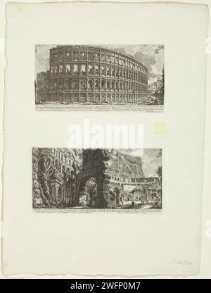 Exterieur en Interieur van het Colosseum te Rome, Giovanni Battista Piranesi, c. 1756 - c. 1757 stampa Foglia con due esibizioni del Colosseo a Roma. Sopra: Vista dell'esterno del Colosseo. Numerato in alto a sinistra: XXXVII. Numerato in alto a destra: Fig. IO Titolo ed elenco esplicativo delle lettere in STUPME. In basso: Interno del Colosseo. Numerato in alto a destra: Fig. II. Titolo ed elenco esplicativo delle lettere in STUDMARGE. Roma carta incisione rovine di un edificio  architettura Colosseo Foto Stock