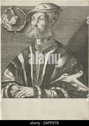 Ritratto di Bernardus Kleiperdolling, Jan Harmensz. Muller, dopo Heinrich Aldegrever, 1613 - 1617 stampa Ritratto di Bernardus Kleiperdolling, leader del backlower a Münster. In alto a sinistra una corona di alloro con una mano con una spada. Amsterdam cartaceo incidere hacking e sputare armi: Spada Münster Foto Stock