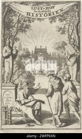 Il vecchio indica la strada, Jan Luyken, stampa del 1679 Un vecchio seduto ha appena smesso di scrivere per mostrare due passanti. Punta verso un cancello circondato dai raggi del sole. Sinistra e destra nelle immagini in primo piano di Cristo e Mosè. Carta di Amsterdam che incide vecchio. chiedere la strada. annessi e annessi; recinzione; cancello. raggi solari. Mosè (non in contesto biblico); possibili attributi: Raggi di luce o corna sulla sua testa, asta, tabelle della legge. "Salvator Mundi", facendo un gesto di benedizione; una sfera nella sua mano o ai suoi piedi Foto Stock