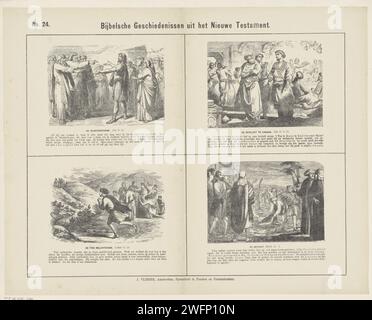 Storie bibliche dal nuovo Testamento, 1871 - 1908 stampa Leaf con 4 esecuzioni di storie dal nuovo Testamento. Il Blindborne, il matrimonio a Kana, Cristo invia i dieci lebbrosi a un sacerdote e l'ingresso a Gerusalemme. Il corrispondente testo della Bibbia sotto ogni immagine. Numerato in alto a sinistra: N. 24. Stampa di carta letterpress Amsterdam New Testament. Guarigione di un uomo nato cieco: Cristo tocca gli occhi con un "unguento" di polvere e friabile (Giovanni 9). Cristo invia dieci lebbrosi al sacerdote (Luca 17,11-19). La festa del matrimonio a Cana (Giovanni 2:1-11). Ingresso a Gerusalemme: Persone che si diffondono t Foto Stock