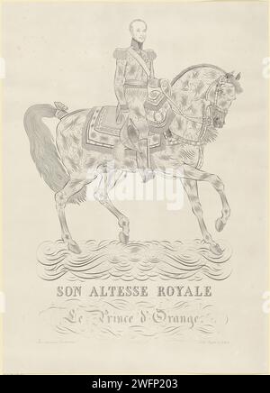 Ritratto equestre di Willem II, re dei Paesi Bassi, 1815 - 1861 stampa ritratto equestre di Willem II Il suo titolo è nel margine inferiore. Giornale di Bruxelles Foto Stock