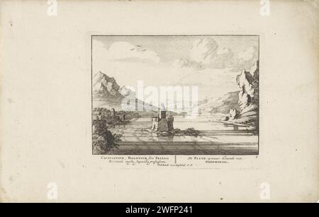 Tolburcht Pfalzgrafenstein nel Reno visto da nord, Jan van Call (II), 1694 - 1697 stampa Vista del Tolburcht Pfalzgrafenstein nel Reno. Sullo sfondo la città di Kaub con Gutenfels sulla cima della collina. Stampa da una serie di 71 stampe con paesaggi del Reno, volti su palazzi reali e paesaggi urbani dell'Aia e di Amsterdam. Castello per incidere la carta di Amsterdam. casello. fiume Kaub. Pfaffenporte **. Reno Foto Stock