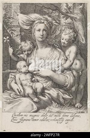 Liefde (Caritas), Jacob Matham, dopo Hendrick Goltzius, 1597 stampa Una figura femminile circondata da bambini come personificazione dell'amore (caritas). Carta Haarlem incisione Carità, 'Caritas'; 'CaritÃ' (Ripa)  una delle tre virtù teologiche Foto Stock