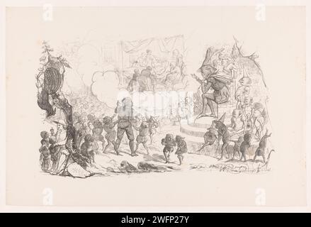 Gabriël Grub guarda una scena triste con una stampa morente, Wilhelmus Petrus van Geldorp, del 1872 Gabriël Grub è un personaggio dei Pickwick Papers, scritto da Charles Dickens nel 1836. Grub è il precursore letterario di Ebenezer Scrooge e la storia mostra molte somiglianze con Un canto di Natale. Grub è stato rapito dal re degli gnomi nel suo nascondiglio sotterraneo. Lì mostra scene che cambiano il suo sentimento sull'umanità e sul Natale. A sinistra nell'angolo c'è il narratore della storia con i bambini intorno a lui. Rotterdam carta spirito della terra, gnomo, troll Foto Stock