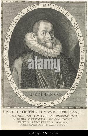 Portret van Jerome Makowsky, Giles Sadeler (2), 1603 stampa Hieronymus Makowsky, confidente e parlamentare dell'imperatore Rodolfo II La stampa ha una didascalia latina. Incisione di carta a Praga Foto Stock