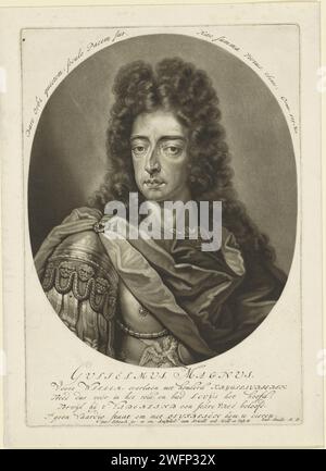 Ritratto di Guglielmo III, Principe d'Orange, Pieter Schenk (i), 1688 - 1711 stampa Ritratto di Guglielmo III in un ovale con bordo. Nel margine inferiore una regola di testo latino e quattro righe di testo olandese. Giornale di Amsterdam Foto Stock