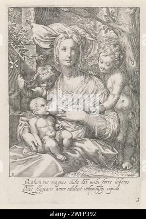 Liefde (Caritas), anonimo, dopo Jacob Matham, dopo Hendrick Goltzius, 1601 - 1652 stampa Una figura femminile circondata da bambini come personificazione dell'amore (caritas). Carta di Amsterdam incisione Carità, "Caritas"; "CaritÃ" (Ripa)  una delle tre virtù teologiche Foto Stock