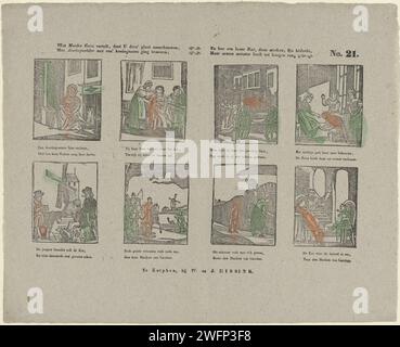 What Mother Days All You Do Deez 'album, / How ASSCHOETTER ha iniziato a sposare il figlio di un re; / e come un gatto insanguinato, attraverso colpi, multato, / le sue braccia ha padroneggiato un alto rango, W. & J. Hissink, 1832 - 1850 fogli stampati con 8 spettacoli. Le quattro immagini principali mostrano la storia di Cenerentola. Le quattro esibizioni inferiori mostrano la fiaba del gatto bottino. Sotto ogni immagine un verso bidirezionale. Numerato in alto a destra: N. 21. Zutphenpublisher: Rotterdam paper letterpress Printing Tales and Fairy Tales. Racconti e fiabe (con TITOLO). Racconti e fiabe: Il gatto con gli stivali Foto Stock