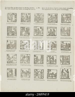 Considera qui su Dees stampa di posizioni di tutto il giorno / come ogni persona lavora, ed è suo. / Scopri come il Dio Alwyze ha fatto gli Stati avvolgere. / Uso generale della Groote Maetschappy, 1833 - 1856 Foglia stampata con 25 esecuzioni delle lettere dell'alfabeto illustrate con artigiani e figure le cui parole iniziano con la lettera in questione. Sotto ogni immagine un verso bidirezionale. Numerato al centro: n. 88. Editore: Turnhoutprint Maker: Stampa di lettere, alfabeto, script su carta olandese. caratteri (tipi umani). artigianato e industrie. produzione artigianale, lavoro artigianale qualificato Foto Stock