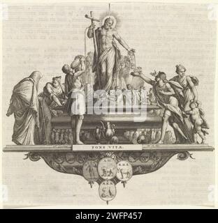 Emblema: Fontein, Jan Goeree, 1722 stampa Cristo su una fontana. Il suo sangue scorre nella fontana. Egli è la fonte della vita (Fons Vitae) dove l'umanità arriva a sontuosa. Tipografia: AmsterdamEditore: AmsterdamEditore: Dordrecht incisione su carta 'Fons vitae', 'Fons pithitis' Cristo in piedi o vicino a un fondatore, spargendo il suo sangue Foto Stock