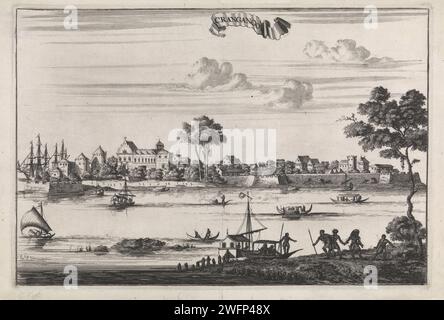 Vista della città di Cranganoor, Johannes Kip, stampa del 1676 Vista della città indiana di Cranganoor (oggi Kodungallur) con un fiume e varie navi in primo piano. Sulla destra alcune persone salgono a bordo di una barca e sulla spiaggia di Cranganoor sono raffigurate varie figure. barca a vela con incisione di carta, barca a vela. Prospettiva della città, panorama della città, sagoma della città - II - città ideale. fiume India Foto Stock