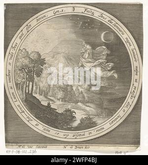 Quarto giorno della creazione: Dio crea il Sole, la Luna e le stelle, stampa 1581 - 1656 quarto giorno della creazione: Dio crea il sole, la luna e le stelle e separa così la luce dalle tenebre. In medaglione con un testo biblico in latino da Genesi 1 all'interno di una cornice rettangolare. Incisione su carta olandese creazione di sole, luna e stelle Foto Stock