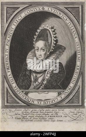 Ritratto di Luisa Giuliana, Principessa d'Orange, Johann Hogenberg, dopo Crispijn van de Passe (i), 1594 - 1614 stampa Ritratto di Luisa Giuliana in un ovale con bordo. Nel margine inferiore sei righe di testo latino. Incisione/incisione su carta di Colonia Foto Stock