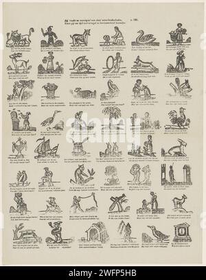 All'età di quarant'anni di diversioni di Deez, puoi trascorrere il tuo tempo con gioia e apprendimento, 1856 - 1900 fogli stampati con 48 rappresentazioni di figure, animali e oggetti. Sotto ogni immagine un verso bidirezionale. Numerato in alto a destra: n. 120. Caratteri per la stampa di carta Turnwood letterpress (tipi umani). animali. navi (in generale). (volare a) aquilone Foto Stock