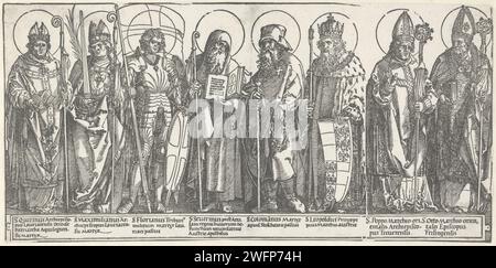 I santi patroni d'Austria, Albrecht Dürer, 1570 - 1590 stampa in fila, in pieno, il santo quirino (in vestiario vescovile e con libro), Massimiliano (in vestiario vescovile e con ramo di palma e spada), Floriano (in imbracatura e con scudo), Severino d'Austria (in abitudine e con libro), Colombannus (in abbigliamento pellegrino e con corona), Leopoldo (in mantello ermijnen e con scudo), poppo (in abbigliamento vescovile, facendo un gesto di benedizione) e otto (in abbigliamento vescovile e con libro). Sotto le prestazioni con ciascuna delle figure il loro nome e una breve digitazione. Santi maschi di carta di Norimberga (con Foto Stock