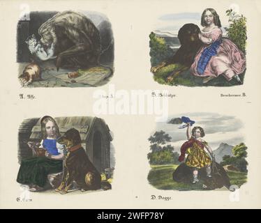 LEETS A, B, C e D, Firm Joseph Fotored, 1829 - 1880 fogli stampati con 4 spettacoli da ritagliare e legare insieme per prenotare sull'alfabeto. Immagina le lettere A (scimmia), B (protettore), C (caro) e D (dogge = cane). Sotto ogni immagine una didascalia in tedesco e in olandese (ad eccezione delle lettere C e D). Editore: Mainzprint Maker: Europa lettere cartacee, alfabeto, script Foto Stock