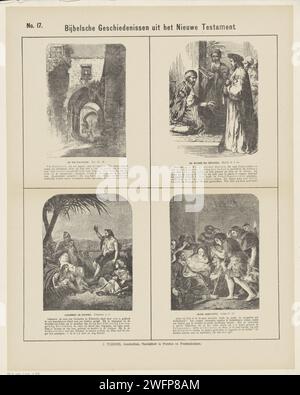 Storie bibliche dell'Antico Testamento, 1871 - 1908 stampa Foglia con 4 rappresentazioni di storie dell'Antico Testamento. La via dolorosa (via di Gerusalemme che Cristo ha viaggiato con la croce), i tre saggi di Erode, Giovanni Battista predica alla folla e al culto dei pastori. Il corrispondente testo della Bibbia sotto ogni immagine. Numerato in alto a sinistra: N. 17. Carta da lettera di Amsterdam con stampa Antico Testamento. strada. Prima visita dei tre saggi al re Erode. Predicazione di Giovanni Battista (forse Cristo tra gli astanti). adorazione del Cristo-bambino da parte dei pastori; Mar Foto Stock