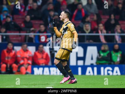 Madrid, Spagna. 31 gennaio 2024. Alvaro Garcia del Rayo Vallecano festeggia il gol durante la partita di calcio del campionato spagnolo (la Liga) tra Atletico de Madrid e Rayo Vallecano a Madrid, Spagna, 31 gennaio 2024. Crediti: Gustavo Valiente/Xinhua/Alamy Live News Foto Stock