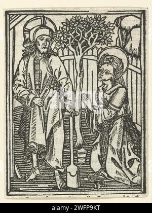 Noli me tangere, maestro della passione Delbecq-Schreiber (attribuita a), 1503 stampa Cristo, con pala nella mano sinistra appare a Maria Maddalena nel giardino. Carta dei Paesi Bassi Maria Maddalena inginocchiata davanti a Cristo, che di solito è rappresentata come un giardiniere con una zappa e/o una vanga; 'noli me tangere' Foto Stock